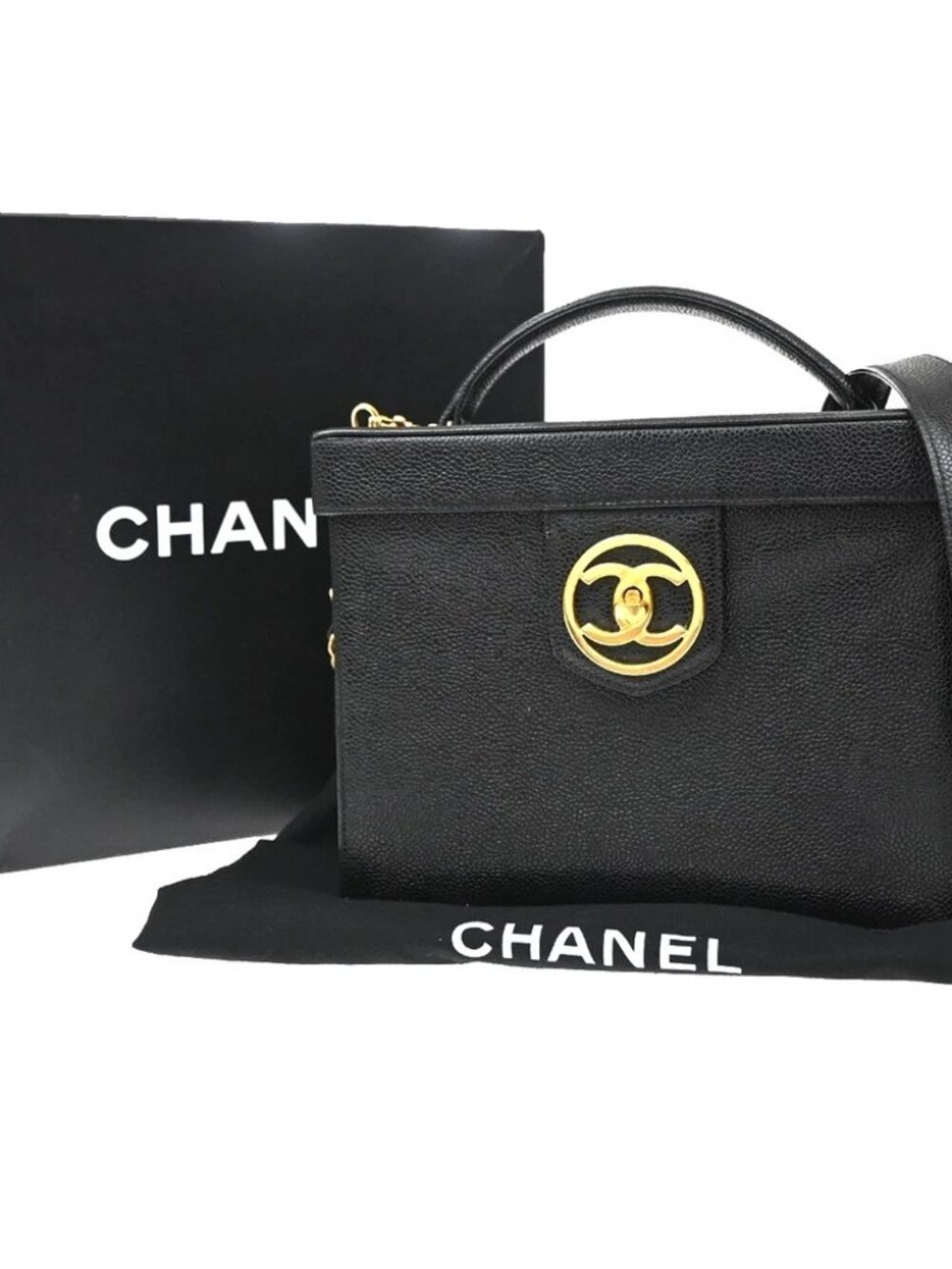 CHANEL CC Logo 2Way Vanity Bag Box Grained Calfskin Leather BK Vintage